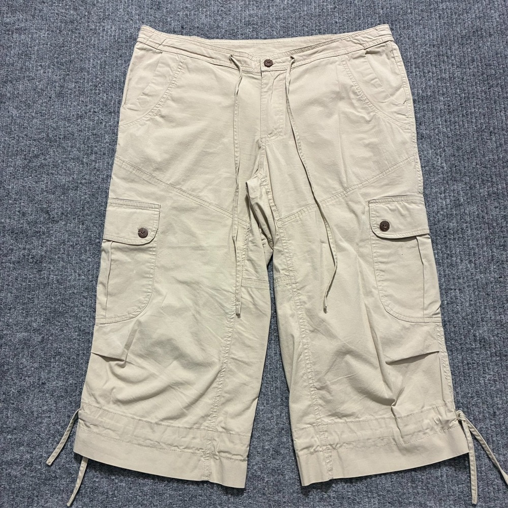 Go Fish Womens Cargo Capri Pants Size Large Beige 100% Cotton Drawstring Pockets